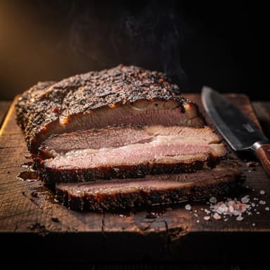 Aufgeschnittenes Texas Brisket mit dunkler Bark-Kruste auf Schneidebrett
