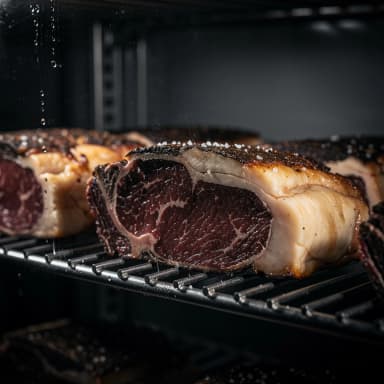 Dry Aged Beef im Reifeschrank — dunkle Kruste sichtbar