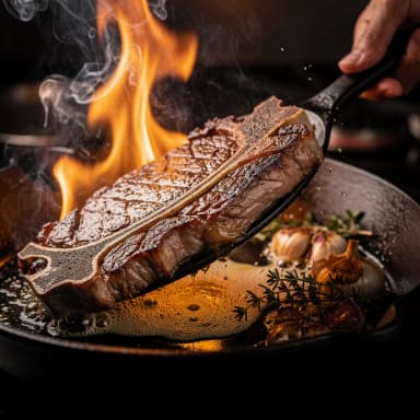 Steak in gusseiserner Pfanne mit Flammen — Reverse Sear Methode
