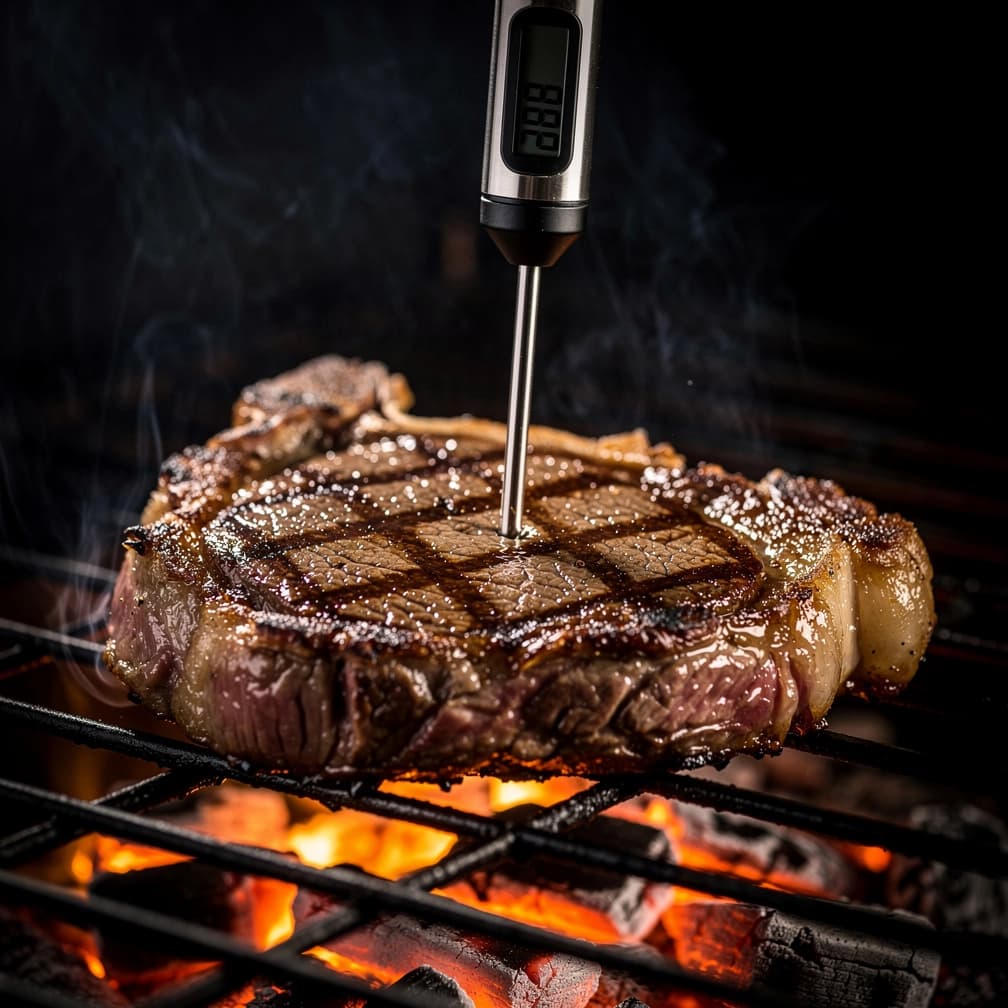 Fleischthermometer-Sonde im Ribeye Steak auf dem Grill