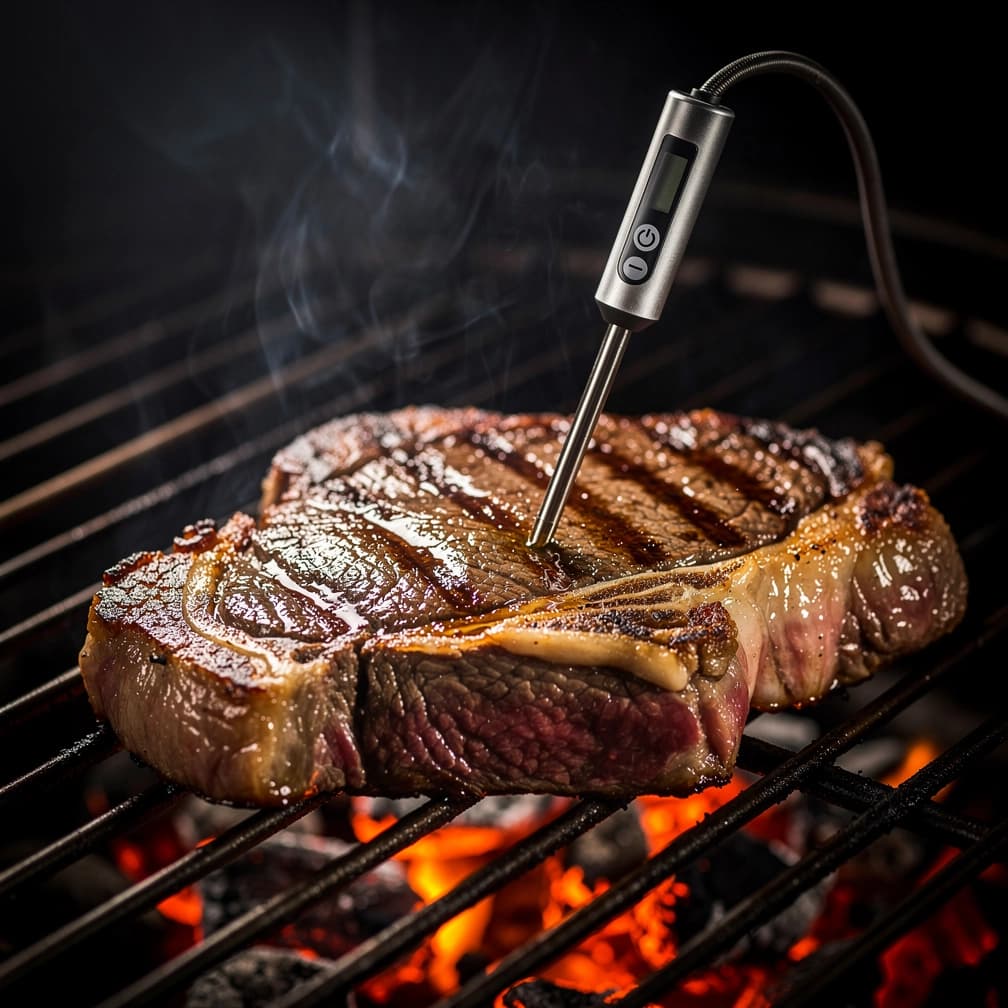 Digitales Fleischthermometer misst Kerntemperatur im Steak
