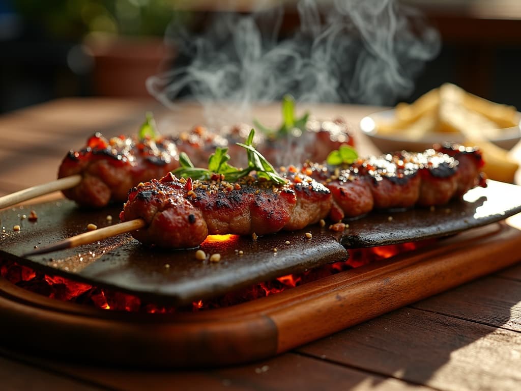 Adana Kebab auf Metallspiess über glühender Holzkohle, mit Brandflecken