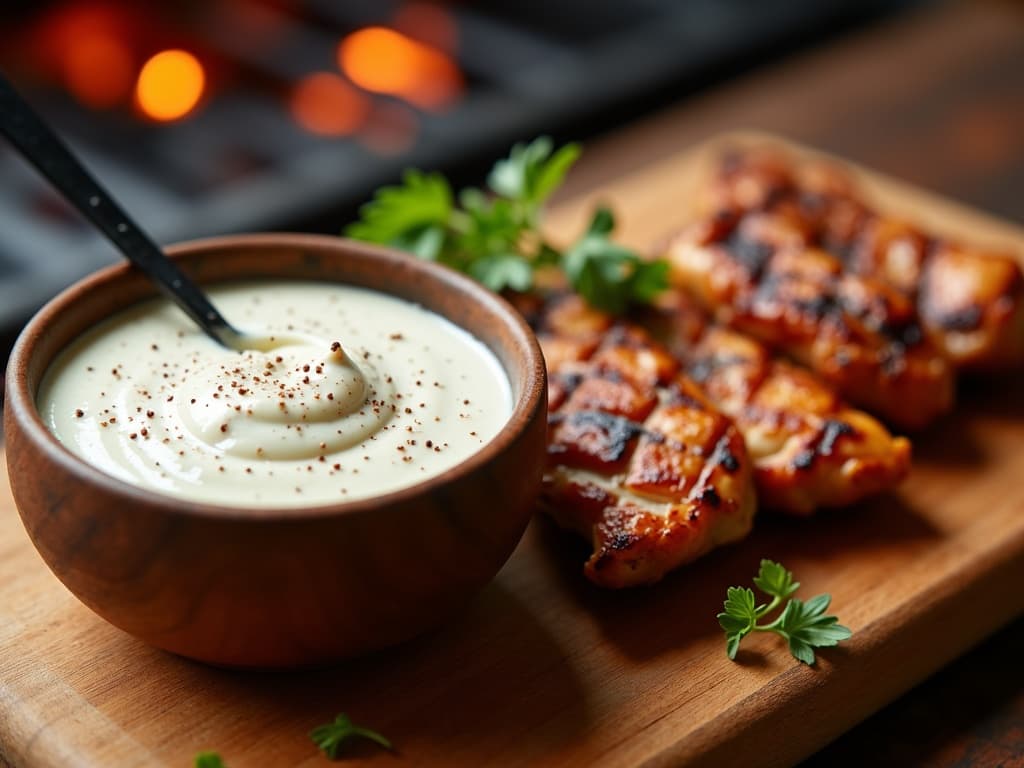 Cremige weiße Alabama-Sauce mit grob gemahlenem Pfeffer, daneben gegrilltes Hähnchen