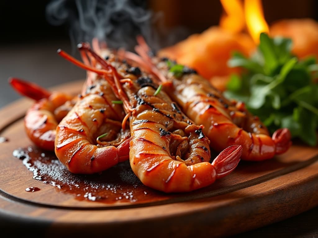 Gegrillte Riesengarnelen in Schale mit Butter-Knoblauch-Glasur auf Grillrost