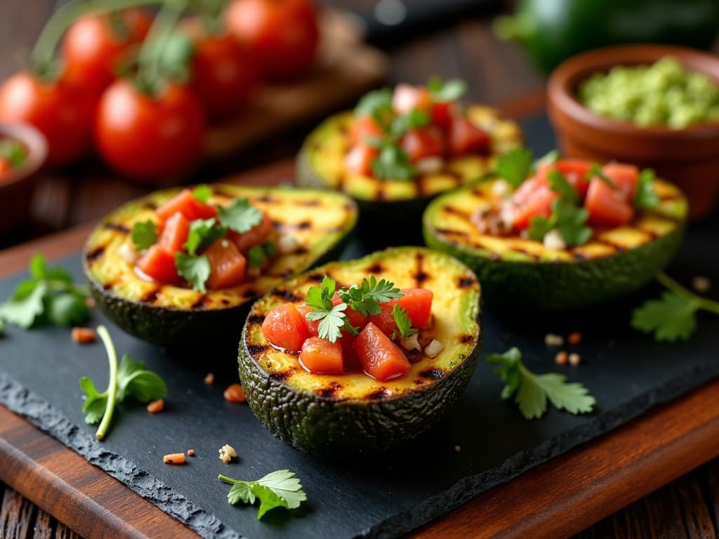 Gegrillte Avocadohälften mit goldener Kruste, gefüllt mit Tomaten-Koriander-Gremolata