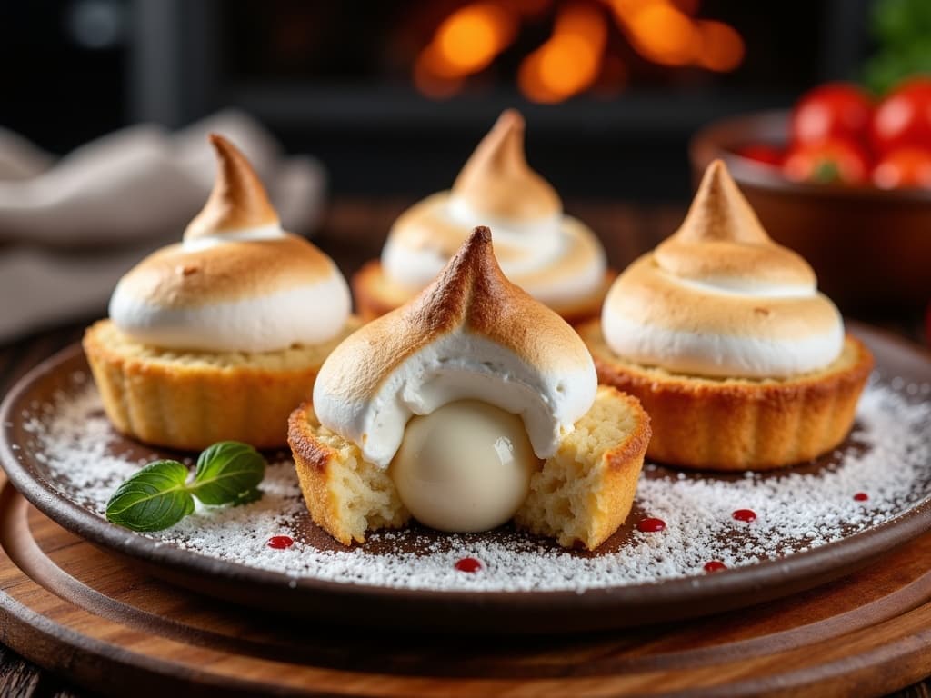 Baked Alaska mit goldbraun gratiniertem Baiser, angeschnitten mit gefrorenem Eiskern