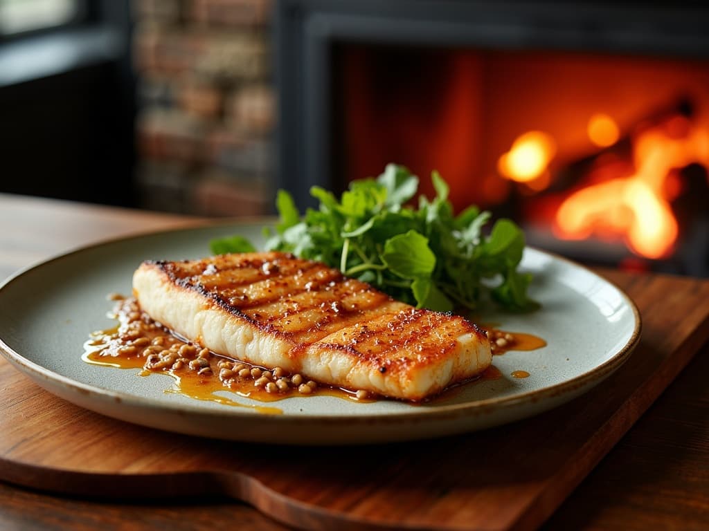 Gegrilltes Barramundi-Filet mit knuspriger Haut und Macadamia-Salsa auf Holzkohlegrill