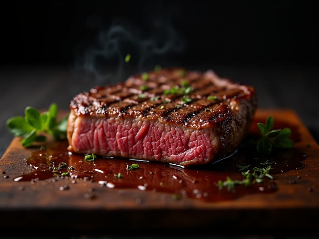 Bavette Steak mit Grill-Röstung, geschnitten gegen die Faser auf Holzbrett