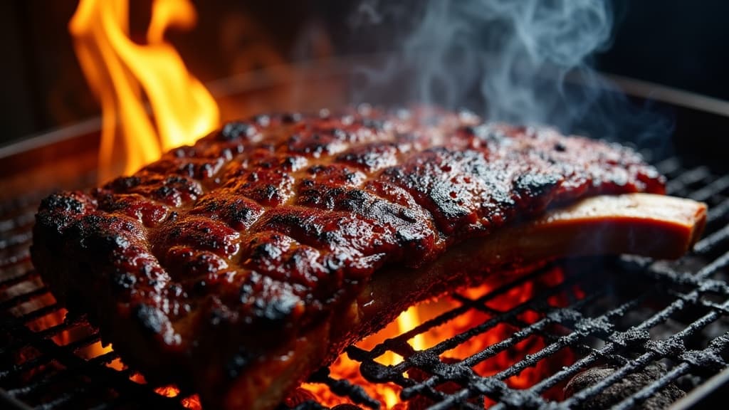 Geräucherte Beef Back Ribs mit dunkler Bark auf Schneidebrett