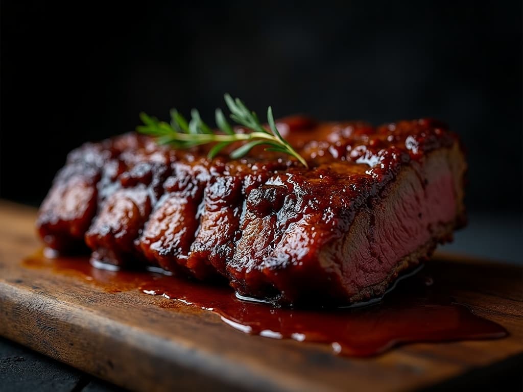 Geräucherte Beef Back Ribs mit dunkler Bark auf Schneidebrett