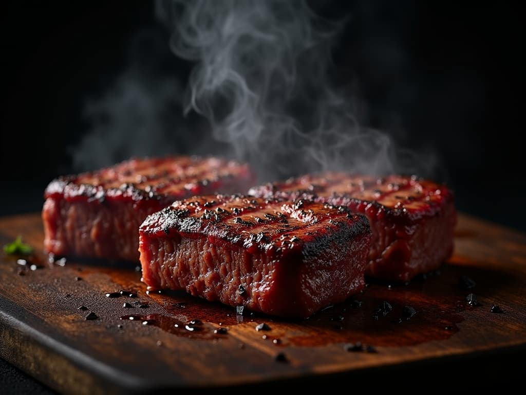 Fertige Beef Short Ribs mit dunkler Bark auf Schneidebrett, Rauchwolke im Hintergrund