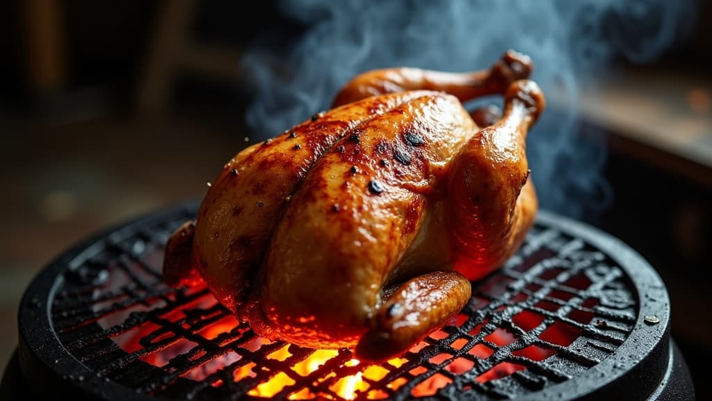 Ganzes Hähnchen aufrecht auf Bierdose am Grill, goldbraune Haut