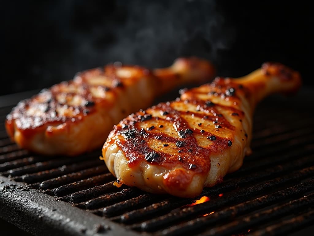 Ganzes Hähnchen aufrecht auf Bierdose am Grill, goldbraune Haut