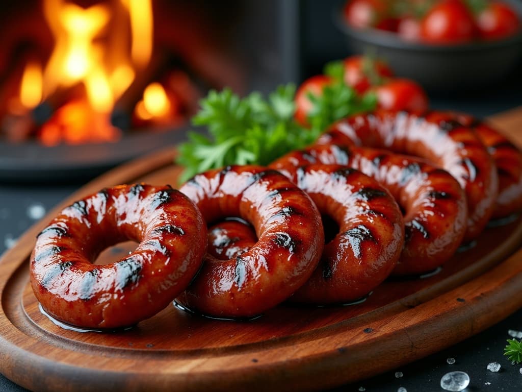 Spiralförmig gegrillte Boerewors auf Holzkohlegrill mit Flammen