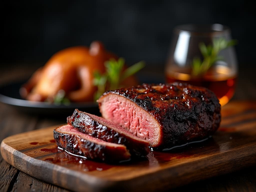 Geschnittenes Brisket mit Bourbon-Glas und Eichenfass im Hintergrund