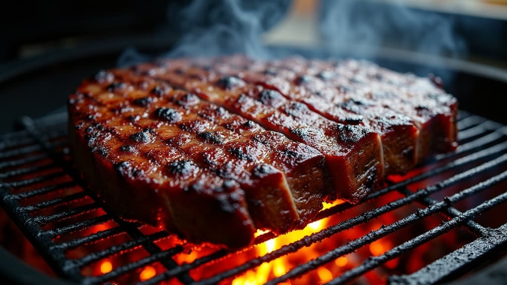 Fertig gegartes Texas Brisket mit dunkler Bark, angeschnitten auf Schneidebrett