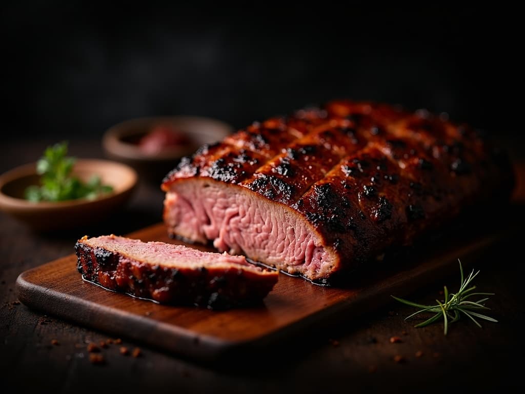 Fertig gegartes Texas Brisket mit dunkler Bark, angeschnitten auf Schneidebrett