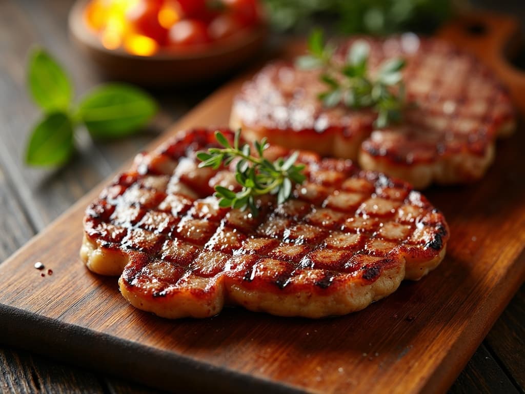 Gegrillte Schweinehack-Patties und Bauchscheiben auf Holzkohle, leicht verkohlt