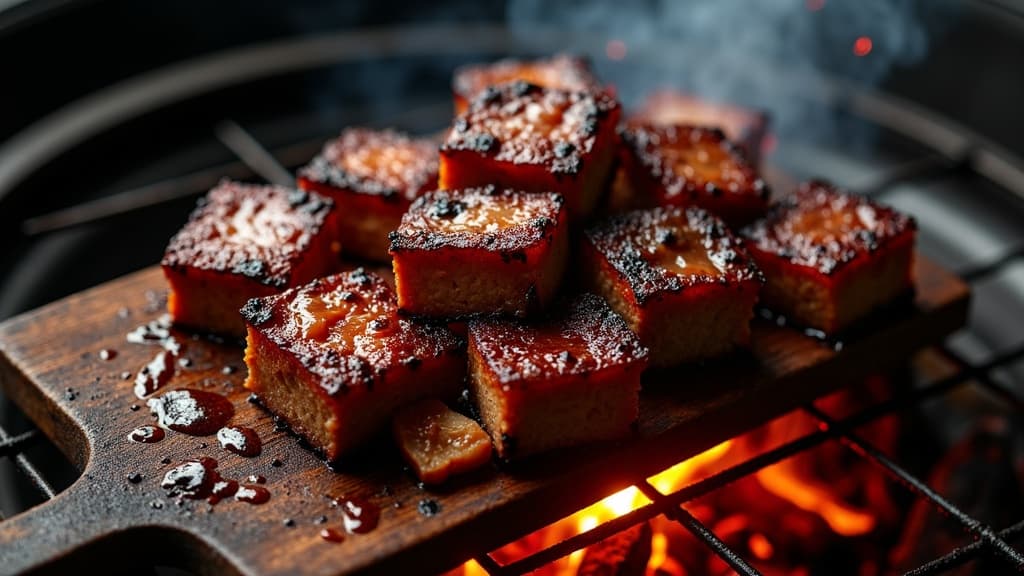 Karamellisierte Burnt Ends in Alubox mit glänzender BBQ-Sauce