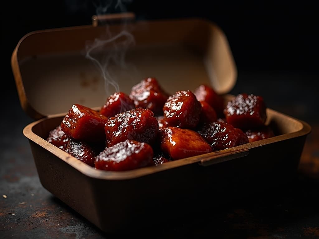Karamellisierte Burnt Ends in Alubox mit glänzender BBQ-Sauce