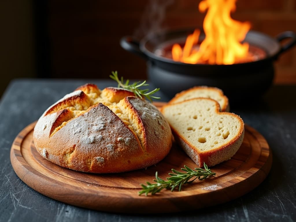 Rundes Buttermilchbrot mit tiefem Kreuzschnitt und bemehlter Kruste, ein Viertel abgebrochen