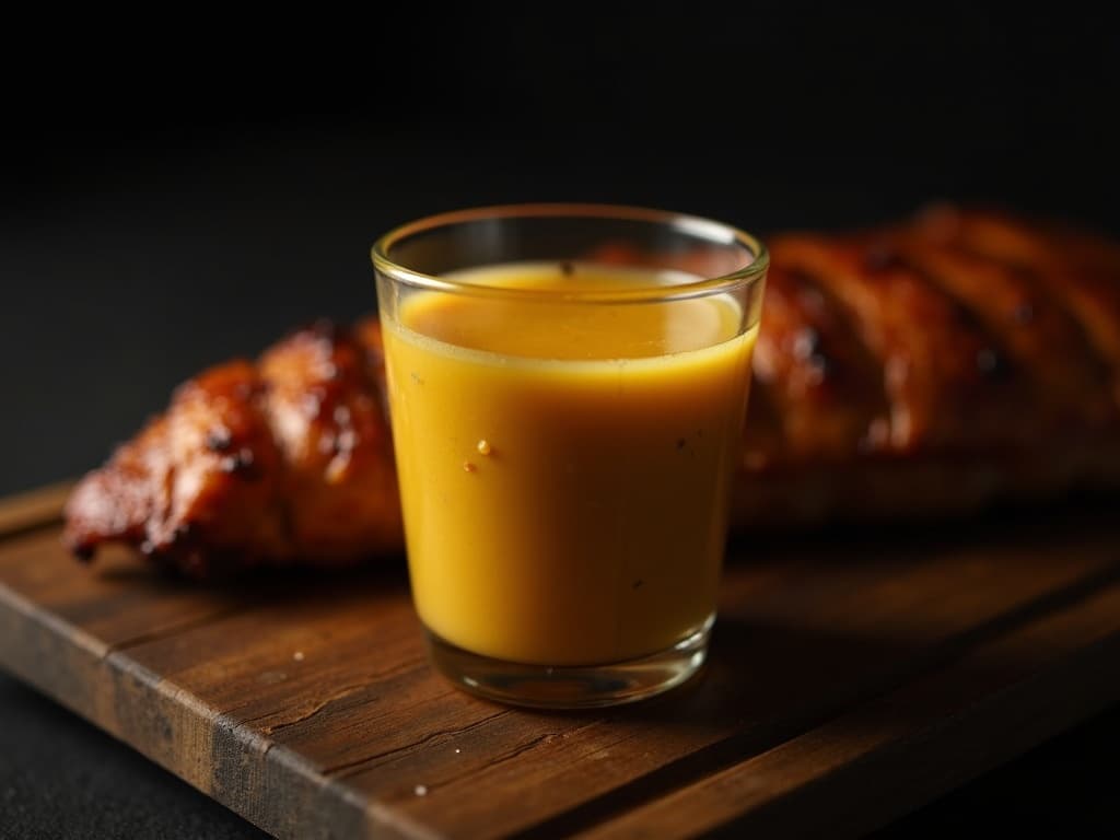 Goldgelbe Carolina Mustard Sauce in einem Glasgefäß neben Pulled Pork
