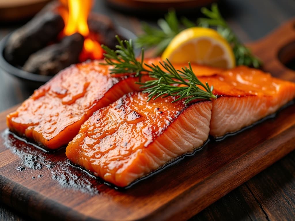 Lachsfilet mit rosa Fleisch und weissen Fettlinien auf rauchigem Zedernholzbrett