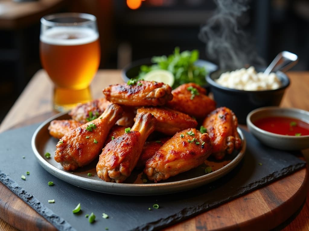 Mahagonifarbene geräucherte Chicken Wings, daneben Marinierspritze und Bier