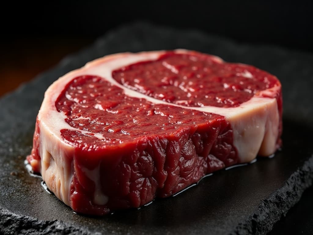 Rohes Dry-Aged Ribeye mit ausgeprägtem Fettauge und Marmorierung auf dunklem Schiefer
