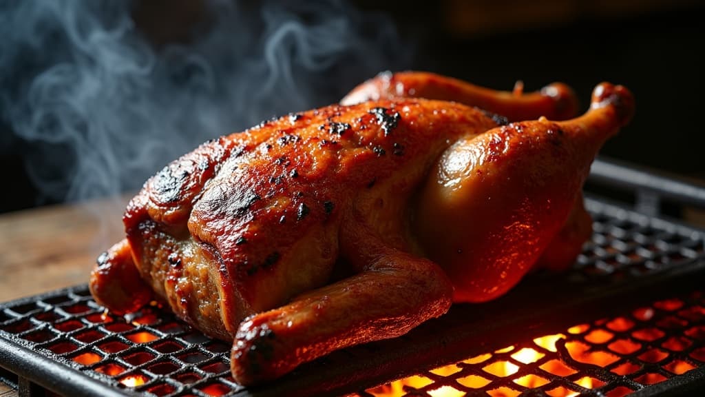 Ganze gebratene Ente auf Grillrost mit knuspriger goldbrauner Haut