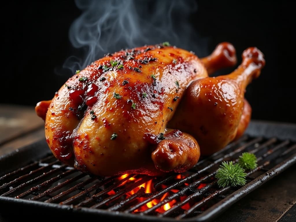 Ganze gebratene Ente auf Grillrost mit knuspriger goldbrauner Haut