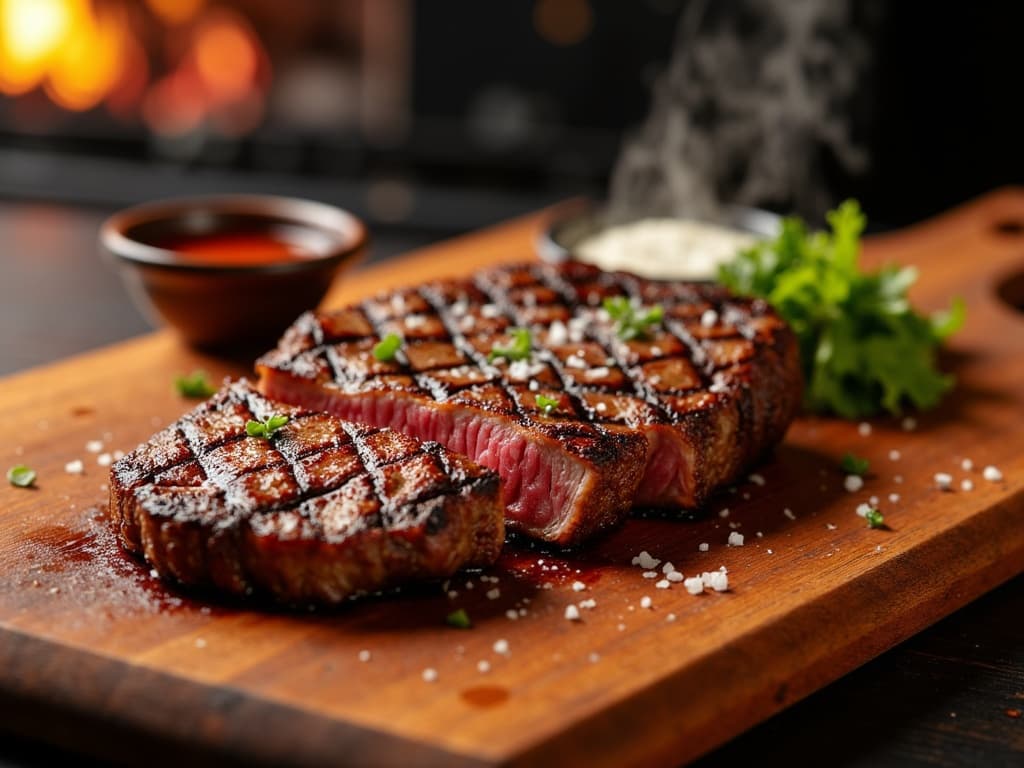 Gegrilltes Entrana Skirt Steak auf Holzschneidebrett, Chimichurri daneben