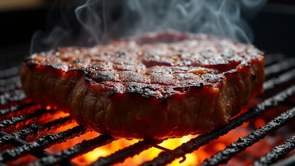 Gegrilltes Entrecôte mit Kruste auf Holzbrett, rosa Kern sichtbar