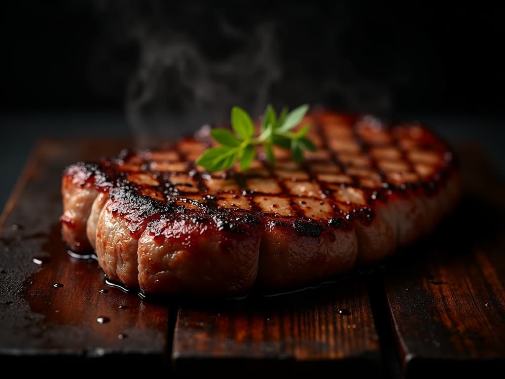 Gegrilltes Entrecôte mit Kruste auf Holzbrett, rosa Kern sichtbar