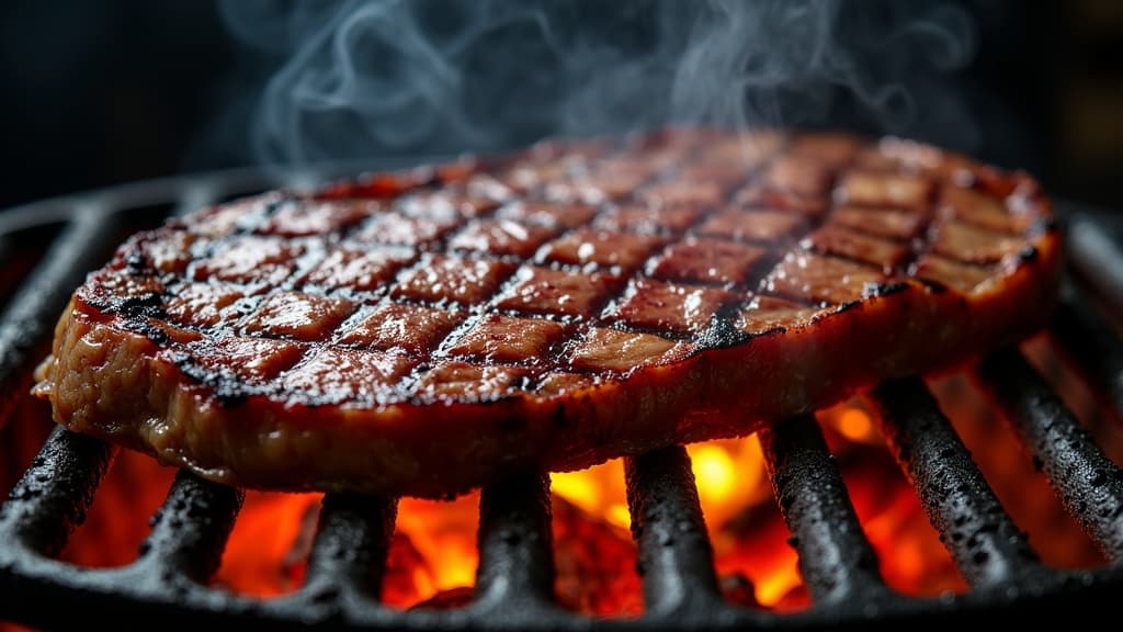 Gegrilltes Flank Steak, rosa Kern, dunkle Kruste, in duenne Scheiben geschnitten