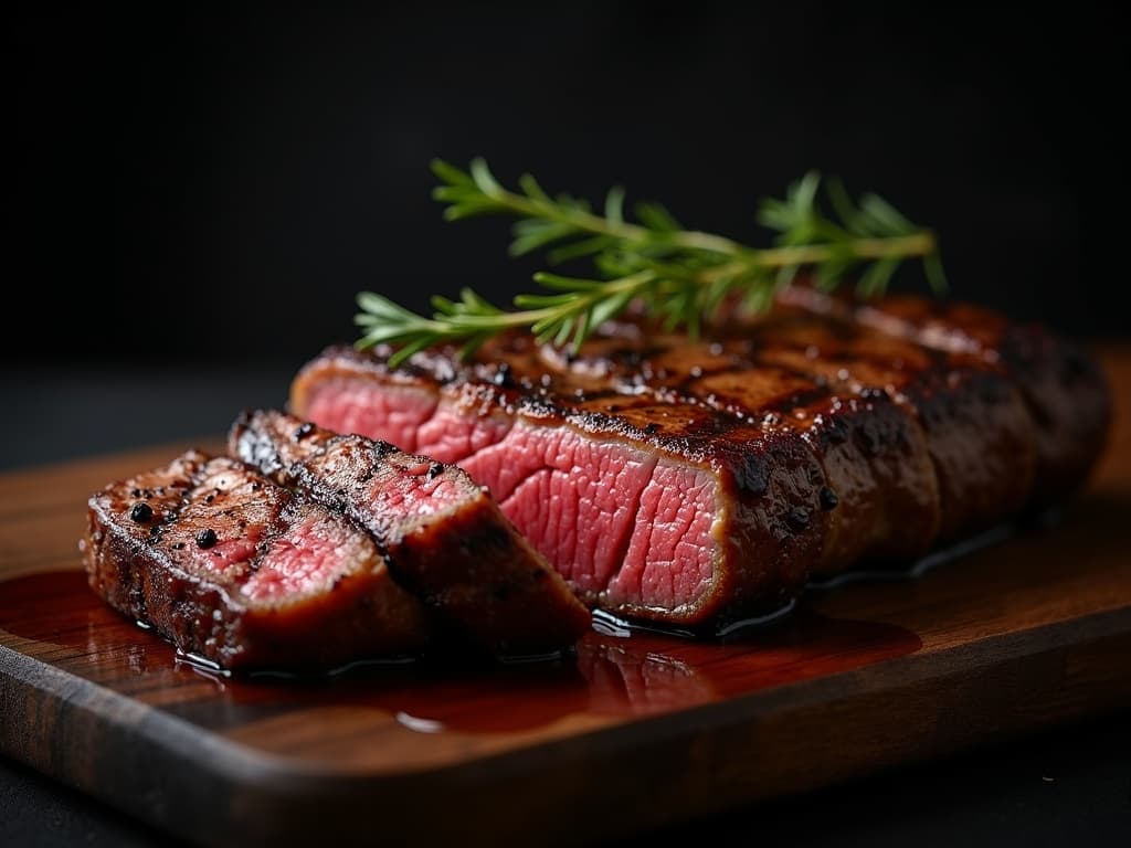 Gegrilltes Flank Steak, rosa Kern, dunkle Kruste, in duenne Scheiben geschnitten
