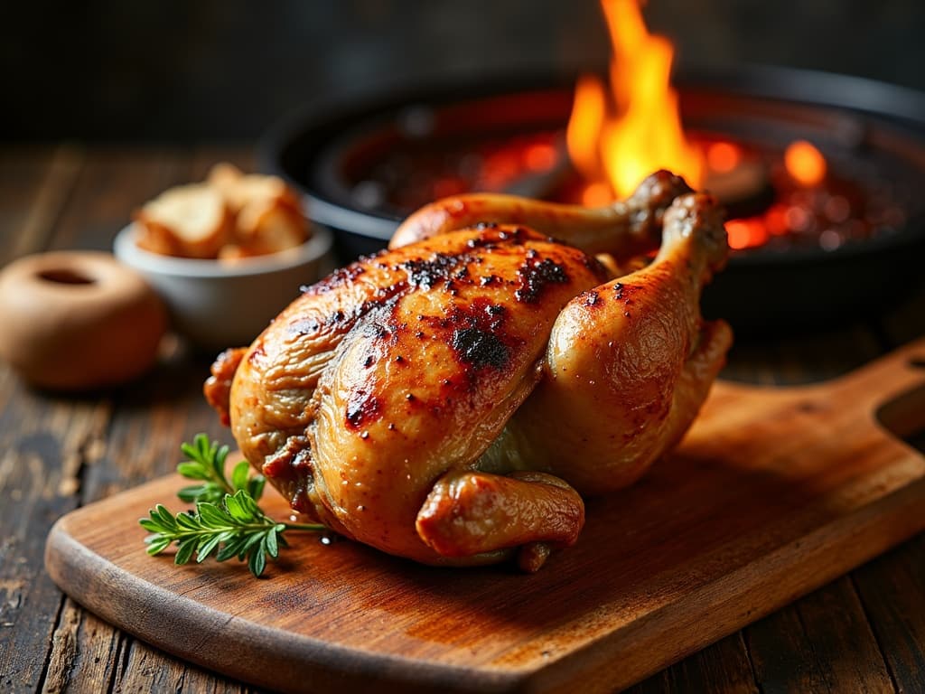 Halbes Hähnchen auf Drehspieß, goldbraun, knusprige Haut, Grillfeuer im Hintergrund — KI-generiertes Symbolbild