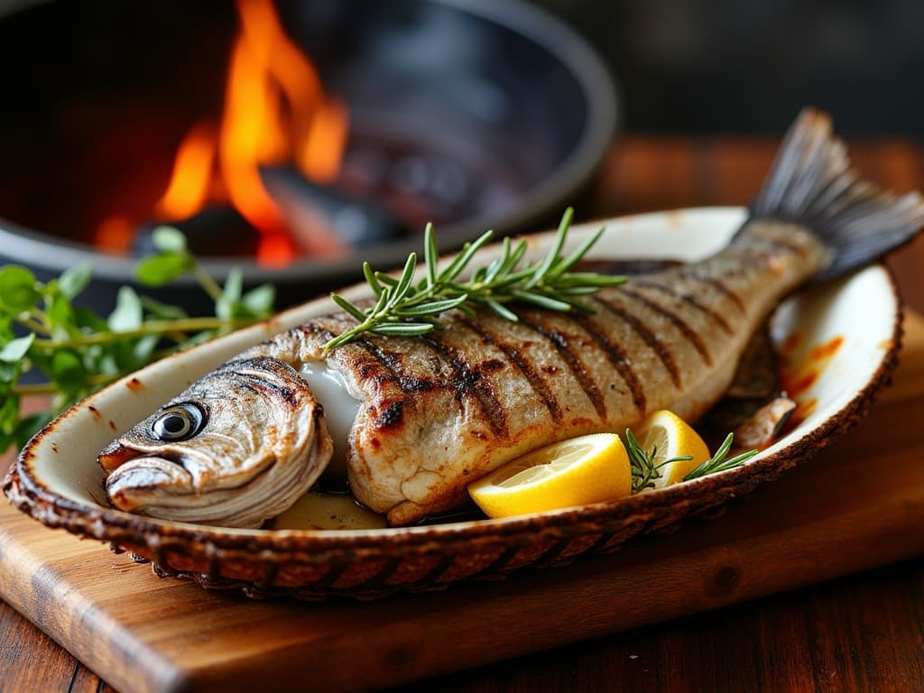 Ganze gegrillte Dorade mit knuspriger Haut in Fischzange über Glut