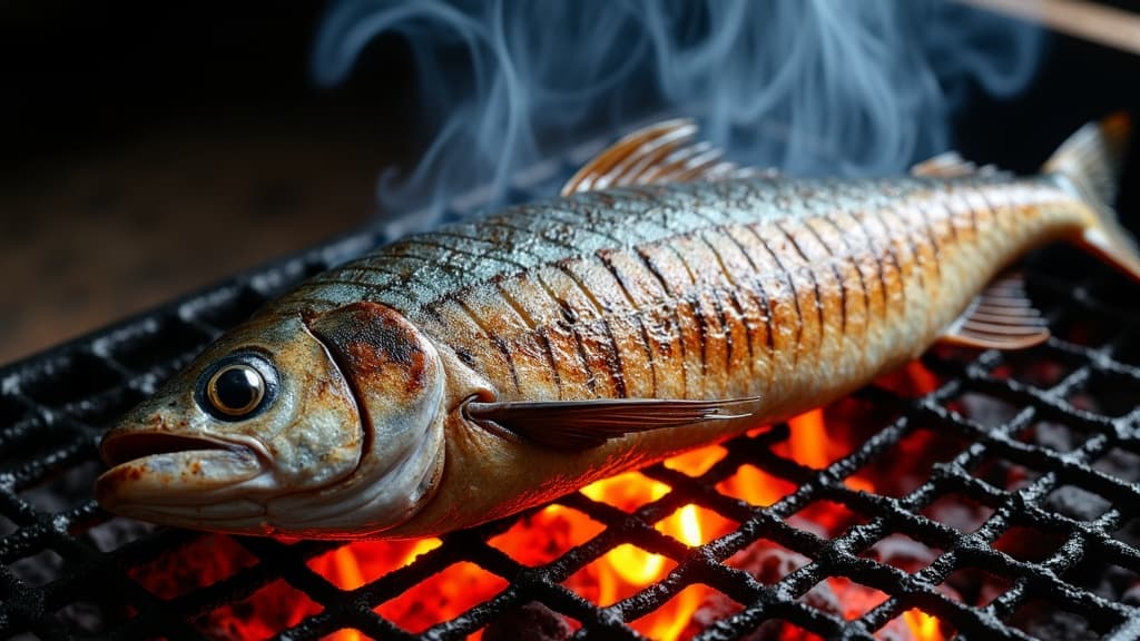 Ganze gegrillte Makrele mit knuspriger Haut in Fischzange über Glut