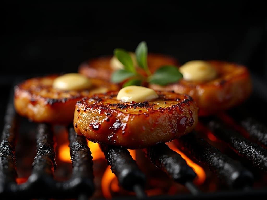 Gegrillter Pfirsich mit Bourbon-Butter und Vanilleeis auf Holzbrett