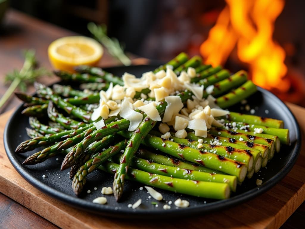 Gegrillter grüner Spargel mit Grillstreifen, Parmesan und Zitrone