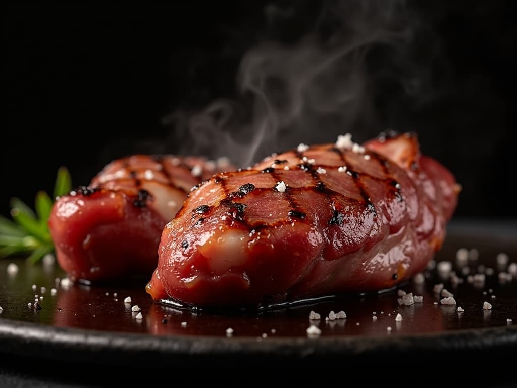 Gegrilltes Iberico Secreto mit Grill-Röstung, rosa Kern, Fleur de Sel