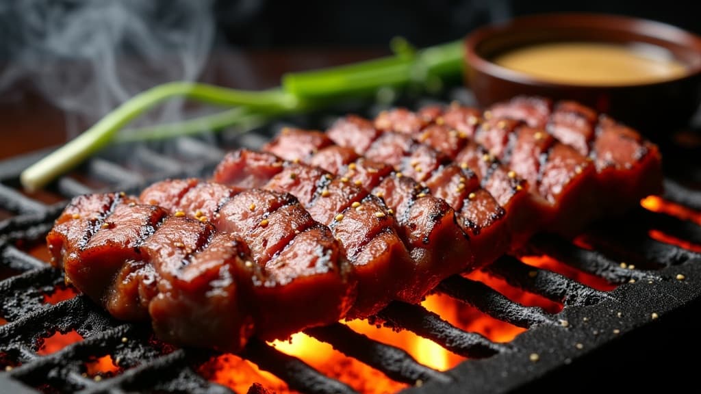 Duennes Rinderfleisch auf gluehendem Tischgrill, karamellisiert, mit Sesam bestreut