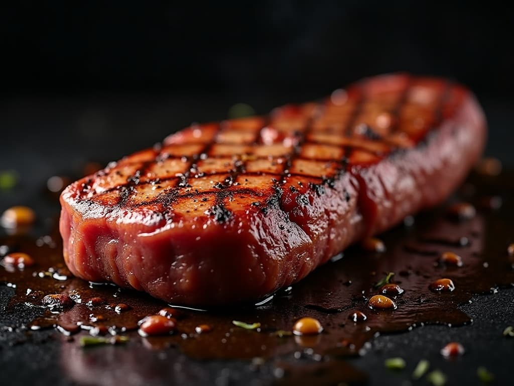 Duennes Rinderfleisch auf gluehendem Tischgrill, karamellisiert, mit Sesam bestreut