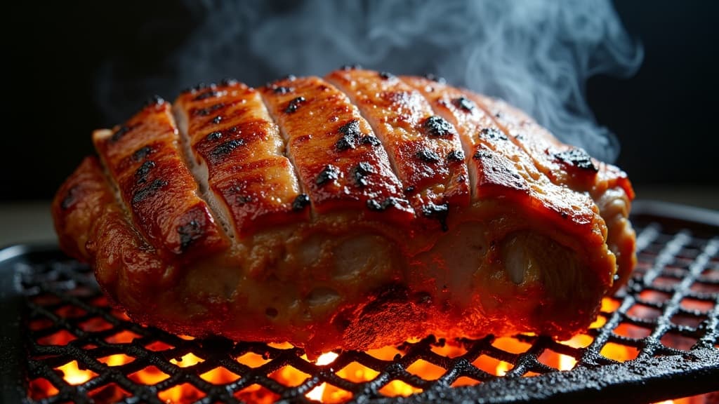 Gegrillter Krustenbraten mit knuspriger Schwarte, aufgeschnitten