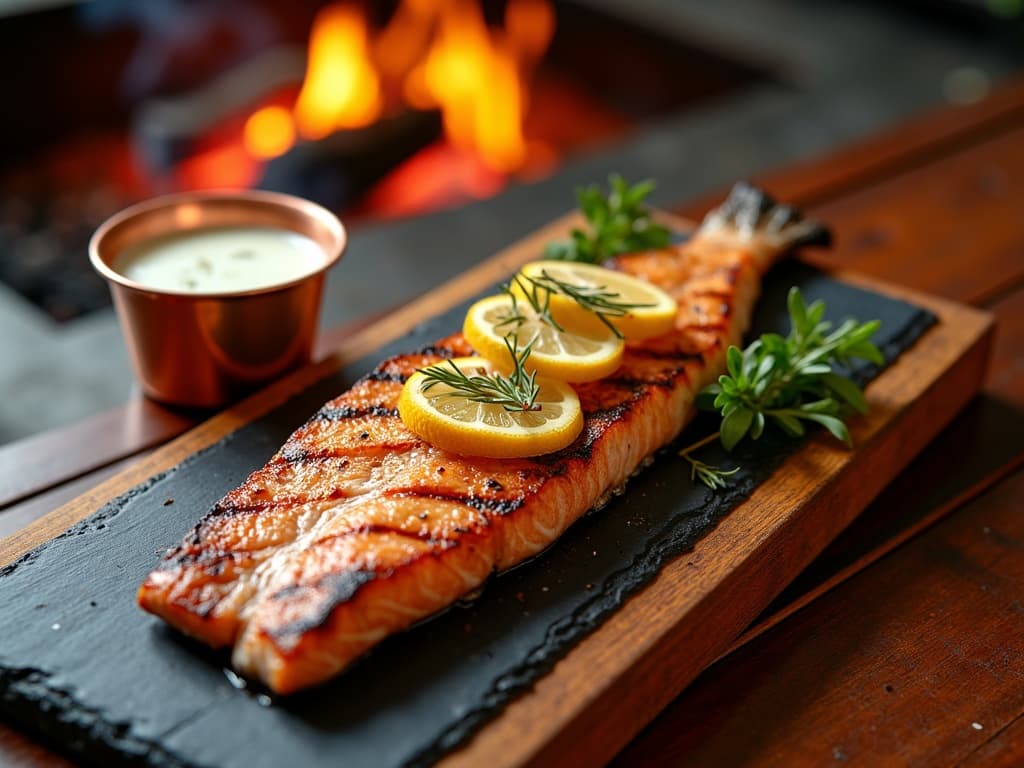 Ganze Lachsforelle stehend auf Holzbrett gegrillt, daneben schaumige Sabayone
