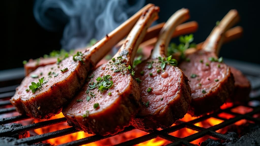 Gegrilltes Lammkarree mit Kräuterkruste, rosa Kern, auf Schneidebrett