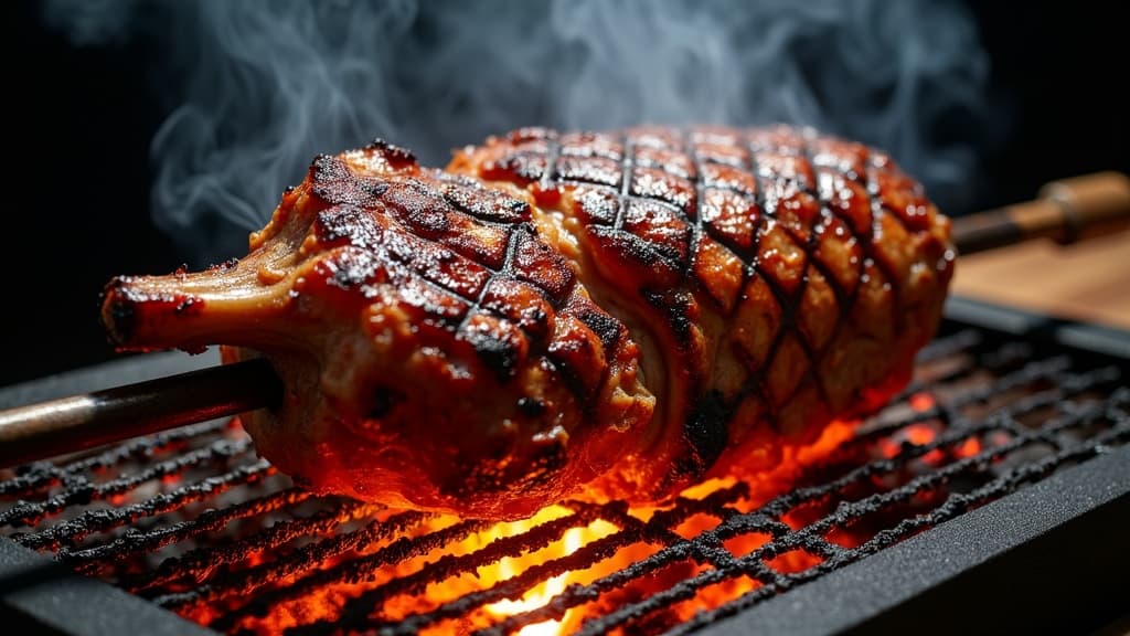 Ganze Lammkeule am Rotisserie-Spiess, goldbraun, über Glut drehend