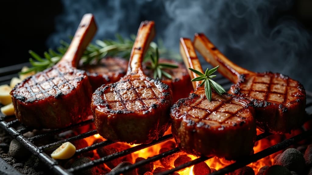 Gegrillte Lammkoteletts mit Rosmarin und Knoblauch auf Holzbrett