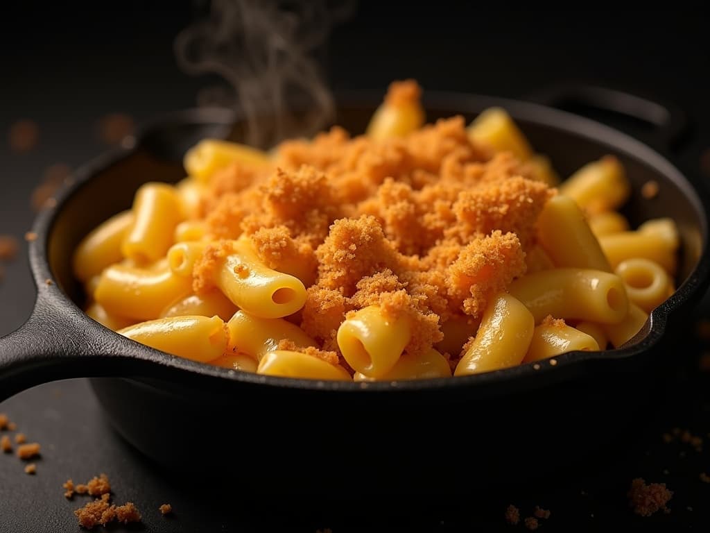 Smoked Mac and Cheese in Gusseisenpfanne mit goldener Panko-Kruste